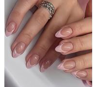ZHYAKLD 24 Pieces Almond Shape False Nails, 3D French Pink, Press on Nails Short, Reusable, for Women