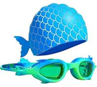 ZHYEQINGRUI Swimming Goggles and Swimming Cap, Wide Vision, Open Water Mermaid Swim Goggles, Anti-fog, No Leakage Clear Vision Easy to Adjust for Kids 3-14 Green