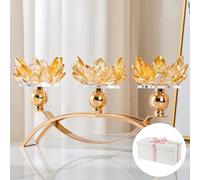 ZHYOCOGY 14.2 cm Tall Crystal Candle Holder, Lotus Candelabras Arch with Gift Box,Tealight Holder, Hecor for Wedding, Dinning Room, Coffee Table, Centerpiece (3 Arms, Gold, Tealight Candle)