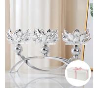 ZHYOCOGY 14 cm Tall Crystal Candle Holder, Lotus Candelabras Arch with Gift Box,Tealight Holder, Hecor for Wedding, Dinning Room, Coffee Table, Centerpiece (3 Arms, Silver, Tealight Candle)