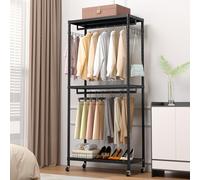 ZHYOCOGY 200cm Tall Heavy Duty Clothes Rail, Open Wardrobe with 3 Shelves and 2 Rods, Max Load 500LBS, Portable Tidy Rails for Bedroom, Freestanding Clothes Stand (90cm)