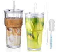 ZHYOPING 2PCS 550ml Ribbed Glass Tumbler with Straw and Lid, Reusable Iced Coffee Cup, Iced Latte Glass, Smoothie Cup, Leakproof Clear Water Cups for Tea, Juice, Milk, Soda, Cocktail, Whiskey