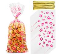 Zi Lan 50 Pcs Pink Pet Paw Cellophane Treat Bags Dog Paw Party Favor Gift Candy Bags for Pet Birthday Party Decorations Supplies with 50 Pcs Golden Twist Ties