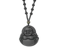 ZIAFRPN Black Obsidian Maitreya Necklace Sacred Glass Pendant Buddhism Sweater Beads Chain Amulet Belief