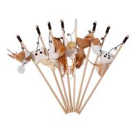 ZIAFRPN Interactive Cat Teaser Wand Set, Natural Wood Handle with Feathers, Bells and Mouse Toys, 40cm Length, Multicolour Rope Design, 7 Piece Set for Cats and Kittens