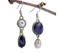 ZIAFRPN Retro Ethnic Style Blue Purple Stone Asymmetry Earrings for Women Exaggerated Art Two Tone Imitation Pearls Drop Dangle Earrings