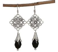 ZIAFRPN Vintage Silver Color Hanging Black Stones Earrings Personality Carving Geometry Hollow Flower Dangle Earrings Women