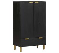 Ziaphsol Highboard Black Made of Wood with Mango Solid Wood and Brass, 60 x 33 x 100 cm, with Metal Feet and Wall Bracket, Storage Space for Living Room, Bedroom, Home Cinema