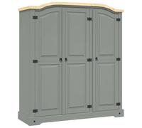 Ziaphsol Mexico Style Solid Pine 3 Door Wardrobe Grey with Domed Top Plate Storage for Bedroom with Clothes Rail and 4 Shelves