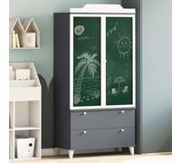 Ziaphsol Roros Chalkboard Wardrobe Grey White 90 x 45 x 180 cm Wood Material with Hinged Doors, Drawers and 4 Shelves for Children's Room