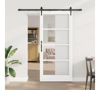 Ziaphsol Sliding Door White 93 x 202 cm Solid Pine Glass with Rail and Wheels for Indoor Use Modern Door Leaf Durable Space Saving Quiet Gliding Ideal for Living Room and Renovation