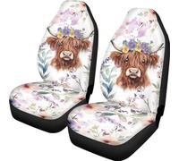 ZIATUBLES 2 Pcs Vehicle Seat Covers for Front Watercolor Floral Highland Cow Print Automotive Accessories for Women Men Breathable Car Seat Protector Auto Interior Decorative for Sedan