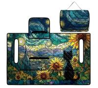 ZIATUBLES Abstract Sunflower Black Cat Print Golf Cart Seat Cover Universal Fit Foldable Golf Cushion Seat Towel Blanket with Pockets, Quilted Padding, Easy to Transport & Clean