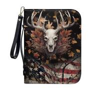 ZIATUBLES American Flag Antler Maple Leaf Print Zippered Bible Covers with Strap & Handle Church Bible Bag Pu Leather Book Carrying Case for Women Men Prayer Christian Bag Scripture Protector, XL