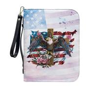 ZIATUBLES American Flag Eagle Rose Cross Print Pu Leather Bible Covers with Strap Large Capacity Carrying Book Case Bible Holder Carrier Church Bible Bag for Prayer Study, L