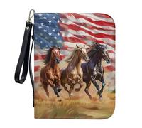 ZIATUBLES American Flag Running Horse Print Faux Leather Bible Cover with Strap & Zipper Pockets for Women Men Church Bible Bag Book Carrying Case Book Organizer Holder for Prayer, 2XL