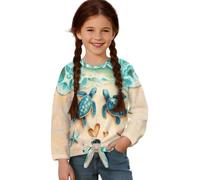 ZIATUBLES Beach Starfish Turtle Print Girls T-Shirt Long Sleeve Basic Top Crewneck Tee for Girls Age 5-12 Tied Hem T Shirt for Fall Winter Playwear, 9-10 Y