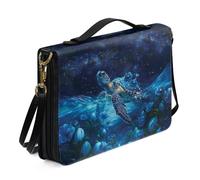 ZIATUBLES Bible Cover PU Leather Bible Case Church Bible Bag with Shoulder Strap Blue Floral Turtle Starry Print Lightweight Christian Bag Book Organizer Holder for Women Men, L