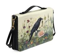 ZIATUBLES Bible Cover PU Leather Bible Case Church Bible Bag with Shoulder Strap Lightweight Christian Bag Black Raven Flower Print Book Organizer Holder for Women Men, L