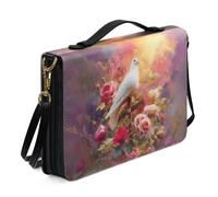 ZIATUBLES Bible Cover PU Leather Bible Case Church Bible Bag with Shoulder Strap Pink Rose Pigeon Cross Print Lightweight Christian Bag Book Organizer Holder for Women Men, XL