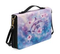 ZIATUBLES Bible Cover PU Leather Bible Case Pink Hibiscus Floral Dolphin Print Church Bible Bag with Shoulder Strap Lightweight Christian Bag Book Organizer Holder for Women Men, XL