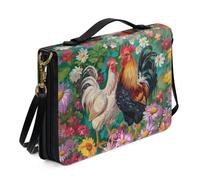 ZIATUBLES Bible Covers for Women Men Retro Flower Rooster Print Bible Case PU Leather Bible Carrying Case with Shoulder Strap Christian Bag for Prayer Scripture Protector, L