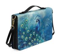 ZIATUBLES Blue Peacock Print Bible Cover PU Leather Bible Case Church Bible Bag with Shoulder Strap Lightweight Christian Bag Book Organizer Holder Scripture Protector, 2XL