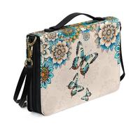 ZIATUBLES Boho Mandala Floral Butterfly Print Bible Cover PU Leather Bible Case Church Bible Bag with Shoulder Strap Lightweight Christian Bag Book Organizer Holder for Women Men, XL