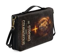 ZIATUBLES Brown Cross Lion Print Faux Leather Bible Cover Church Bible Bag Carrying Book Case with Shoulder Strap for Women Men Outdoor Study Prayer Book Organizer Holder, L