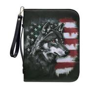 ZIATUBLES Faux Leather Bible Cover with Strap & Zipper Pockets Vintage American Flag Wolf Print Church Bible Bag for Women Men Book Carrying Case Book Organizer Holder for Prayer, 2XL