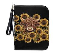 ZIATUBLES Faux Leather Bible Cover with Wrist Strap Sunflower Highland Cattle Cow Print Church Bible Bag Large Capacity Book Carrying Case Book Holder Organizer for Women, 2XL
