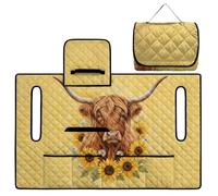 ZIATUBLES Golf Cart Accessories Seat Cover for Easy Carry Daisy Sunflower Highland Cow Print Foldable Seat Towel Blanket with Pockets for 2-Person Seats Carts