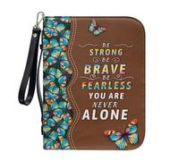 ZIATUBLES Gradient Butterfly Strong Brave Fearless Print Pu Leather Bible Covers with Strap Large Capacity Carrying Book Case Bible Holder Carrier Church Bible Bag for Prayer Study, XL