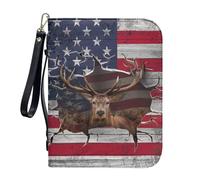 ZIATUBLES Grugne 3D Elk Deer American Flag Print Zippered Bible Covers with Strap & Handle Church Bible Bag Pu Leather Book Carrying Case for Women Men Prayer Christian Bag Scripture Protector, XL