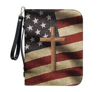 ZIATUBLES Grunge American Flag Cross Print Faux Leather Bible Covers for Women Men Church Bible Bag with Handle & Wrist Strap Book Carrying Case Zippered Bible Organizer Holder for Prayer, XL