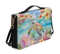 ZIATUBLES Hibiscus Frangipani Floral Turtle Print Bible Cover PU Leather Bible Case Church Bible Bag with Shoulder Strap Christian Bag Book Organizer Holder for Women Men, 2XL