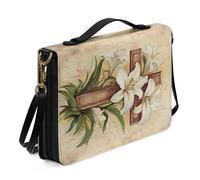 ZIATUBLES Lily Floral Retro Cross Print Bible Cover PU Leather Bible Case Church Bible Bag with Shoulder Strap Christian Bag Book Organizer Holder for Women Men Outdoor Study, M
