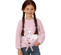 ZIATUBLES Pink Bunny Rabbit Print Long Sleeve T-Shirt for Girls Age 5-12, Crewneck Basic Top Soft Breathable Tee Tied Hem Top for Kids Activewear, 11-12 Y