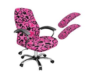 ZIATUBLES Pink Leopard Print 3 Pcs Set Office Chair Cover with Armrest Covers Anti-Dust High Back Swivel Boss Chair Slipcover Gaming Armchair Protector, Large