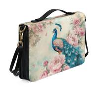 ZIATUBLES Pink Peony Floral Peacock Print Bible Cover PU Leather Bible Case Church Bible Bag with Shoulder Strap Christian Bag Book Organizer Holder for Women Men Study, XL