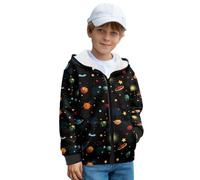 ZIATUBLES Planet Star Print Kids Zip-Up Hoodies with Pockets Fleece Sweatshirt Jacket for Boys Girls Breathable Fall Winter Clothes for Travel Sport, S