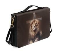 ZIATUBLES PU Leather Bible Cover Vintage Lion Cross Print Bible Carrying Case with Shoulder Strap Zipper Pockets Book Organizer Bag Bible Protector for Prayer Christian Bag, 2XL