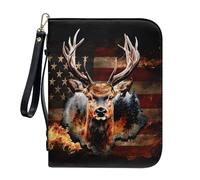ZIATUBLES Pu Leather Bible Covers with Strap Large Capacity Carrying Book Case American Flag Fire Elk Print Bible Holder Carrier Church Bible Bag for Prayer Study, 2XL