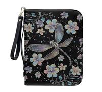 ZIATUBLES Pu Leather Bible Covers with Strap Large Capacity Carrying Book Case Bible Holder Carrier Colorful Floral Dragonfly Print Church Bible Bag for Prayer Study, L