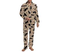 ZIATUBLES Pyjama Set for Men Fall Sleepwear Nightwer Comfy PJs Sets Button Down Top Long Pant with Pockets Black Cat Paw Print Winter Two Piece Outfits, XS