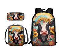 ZIATUBLES Retro Sunflower Cow Hummingbird Print Backpack Set for Student 17 Inch School Bag with Lunch Bag and Pencil Case Fashion Book Carrier Case Rukcsack Daypack for Outdoor
