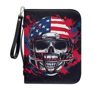 ZIATUBLES Splatter American Flag Skull Print Faux Leather Bible Covers Large Capacity Church Bible Bag for Women Men Book Carrying Case with Strap Book Organizer Holder for Prayer, L