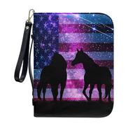 ZIATUBLES Starry American Flag Horse Print Bible Covers with Zipper Pockets & Wrist Strap Pu Leather Bible Cover Case Church Bible Bag Christian Bag for Prayer Outdoor Study Supplies, L