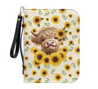 ZIATUBLES Sunflower Cartoon Highland Cow Print Faux Leather Bible Covers Church Bible Bag with Handle & Wrist Strap Book Carrying Case Zippered Bible Organizer Holder for Prayer, L