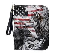 ZIATUBLES Vintage American Flag Wolf Print Pu Leather Bible Cover Church Bible Bag for Women Men Portable Book Carrying Case with Strap & Zipper Pockets Book Organizer Holder for Prayer, L